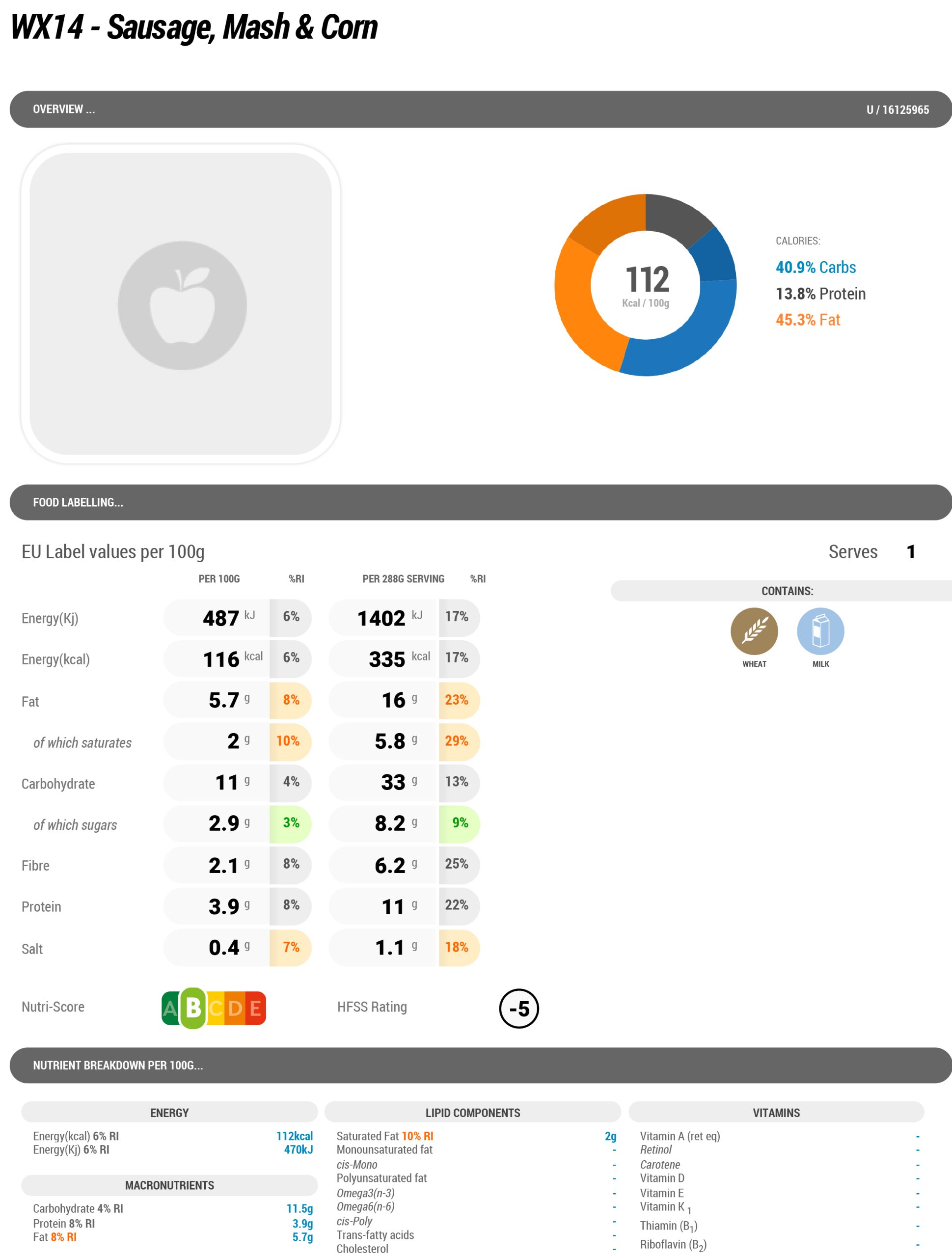 Nutritics: WX14 - Sausage, Mash & Corn